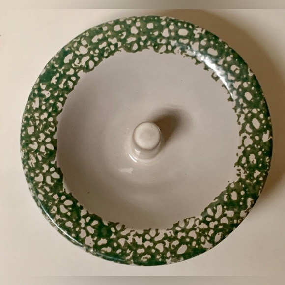 Vintage Unused Glazed Clay Pottery ORIGINAL APPLE BAKER Green Spongeware Trim - Picture 4 of 16
